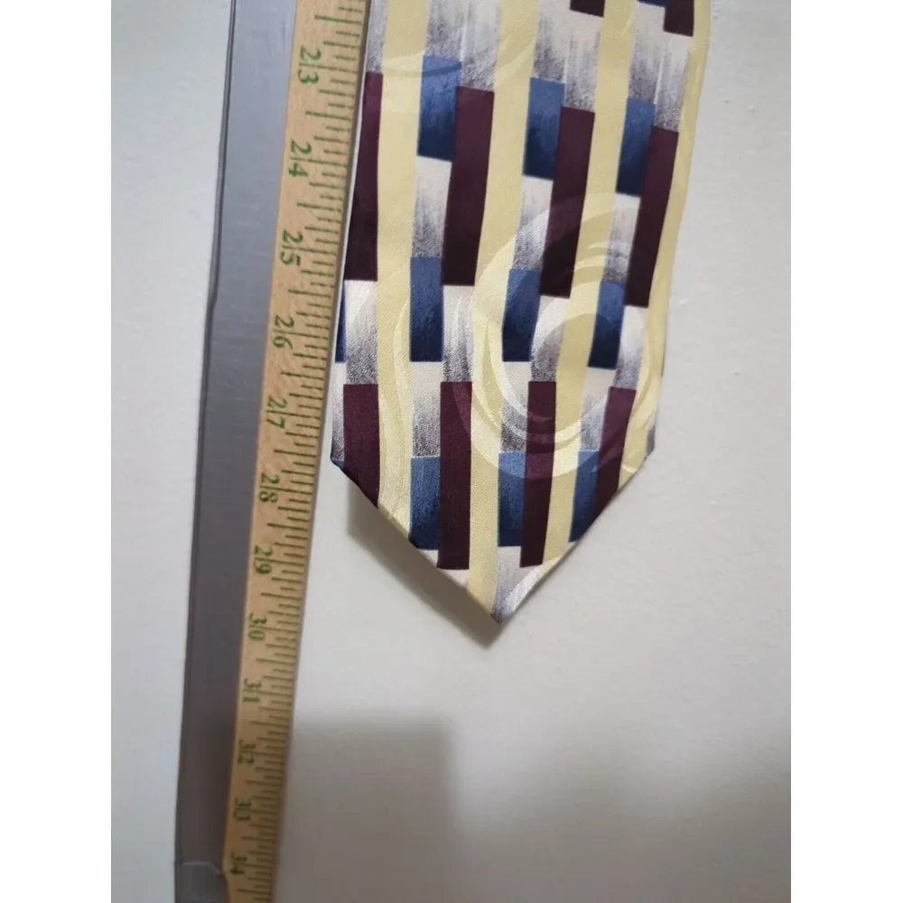 J.T. Beckett Mens Silk Necktie‎ Burgundy Navy Blue Cream Geometric Block Pattern